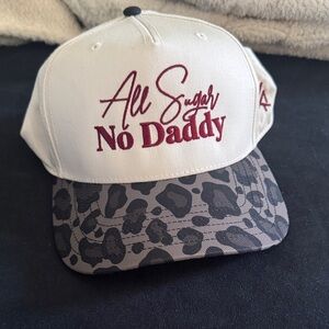 All Sugar No Daddy Trucker Hat - Cream with Burgundy Script & Leopard Brim